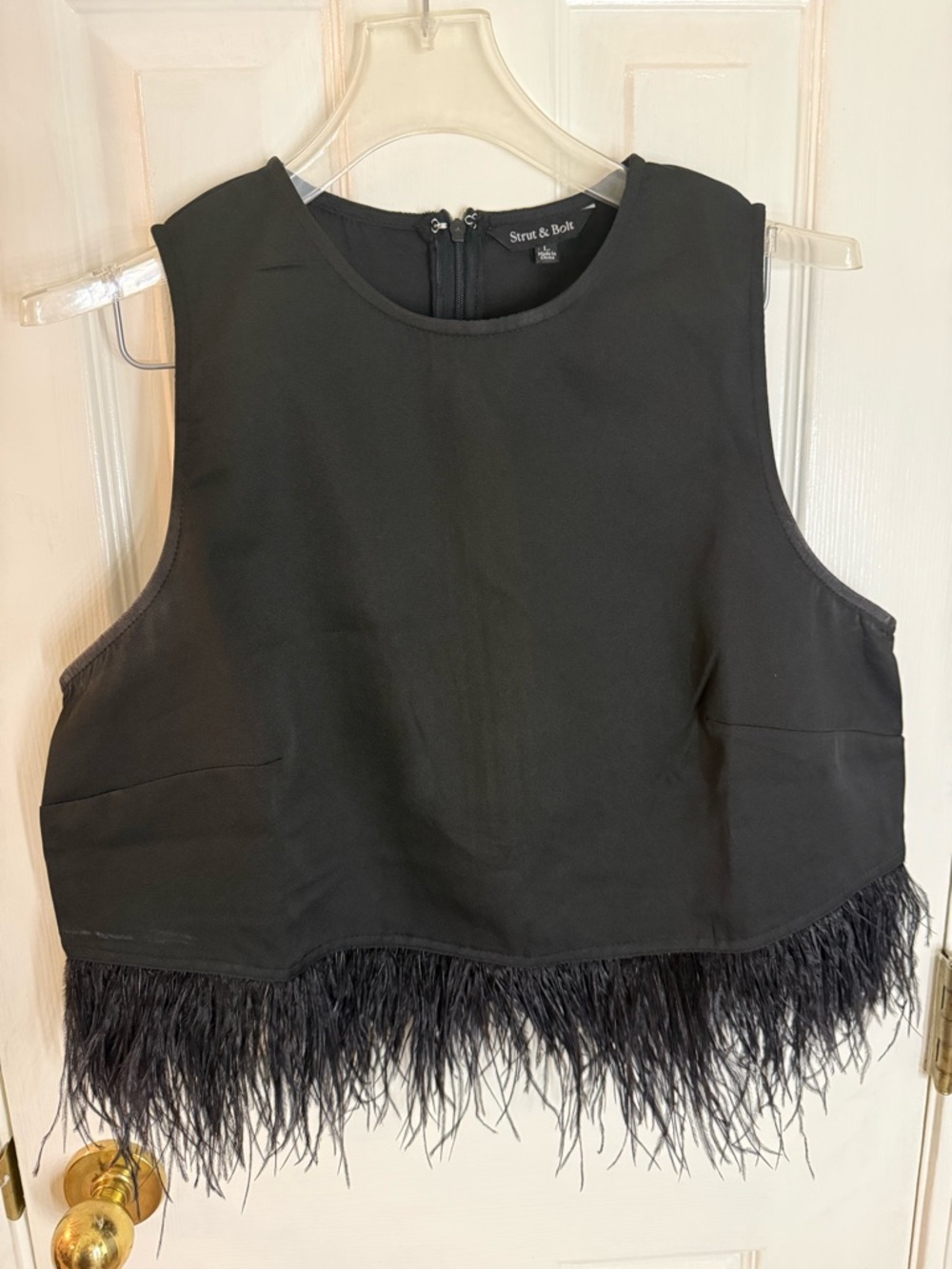 Black Feather-Trim Cropped Tank